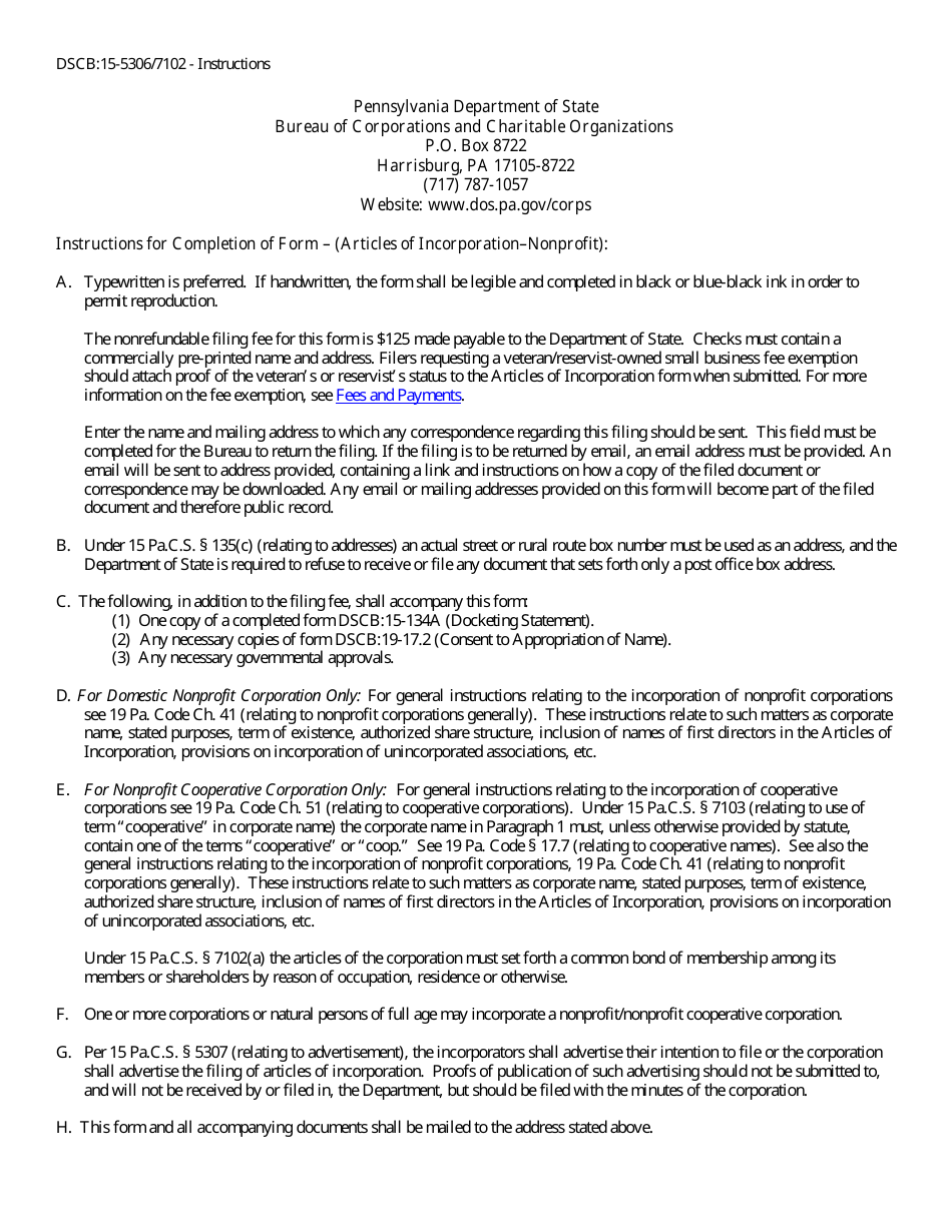 Form DSCB:15-5306 / 7102 Articles of Incorporation - Nonprofit - Pennsylvania, Page 3
