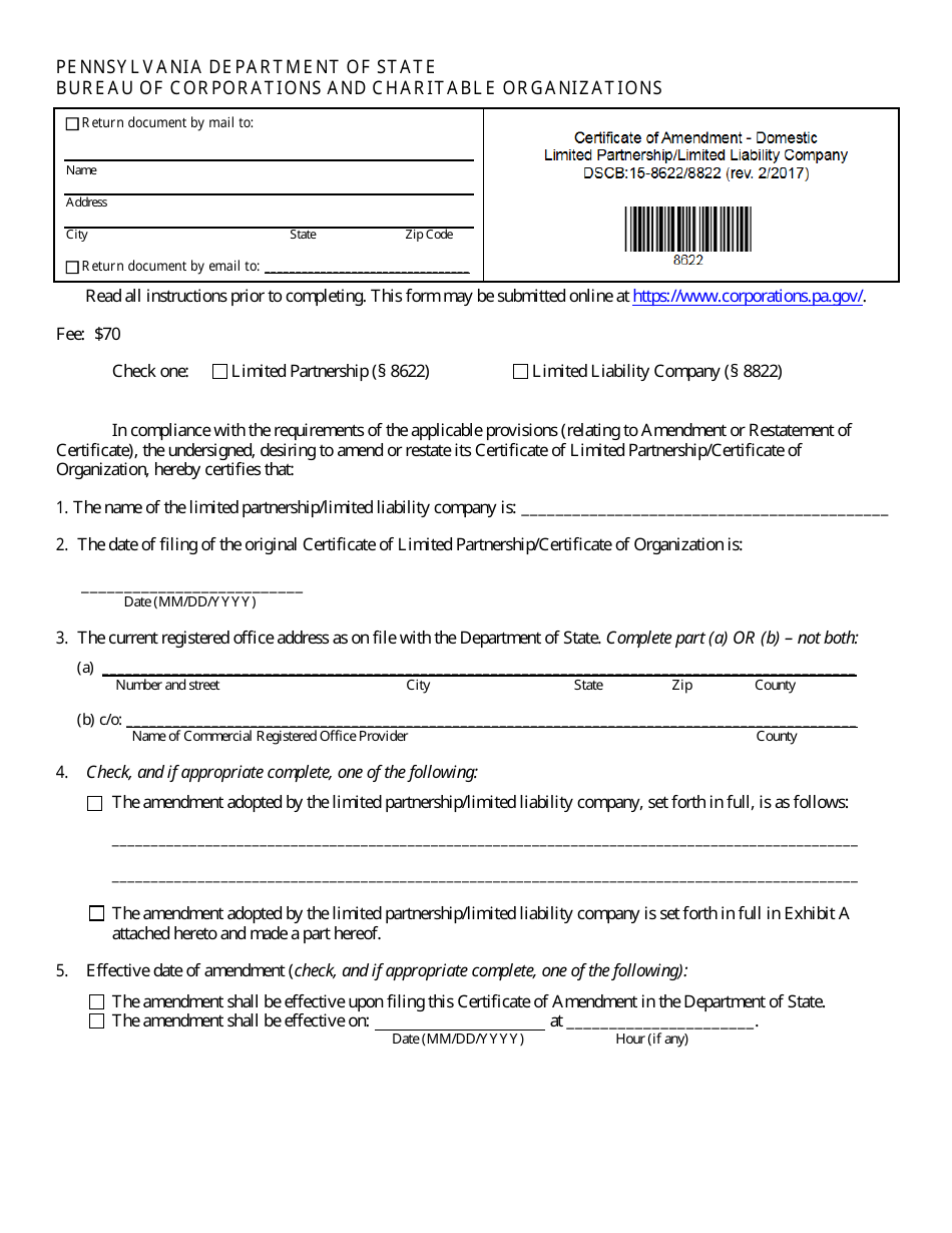 Form DSCB:15-8622 / 8822 (DSCB:15-8622 / 8822-2) Certificate of Amendment - Pennsylvania, Page 1