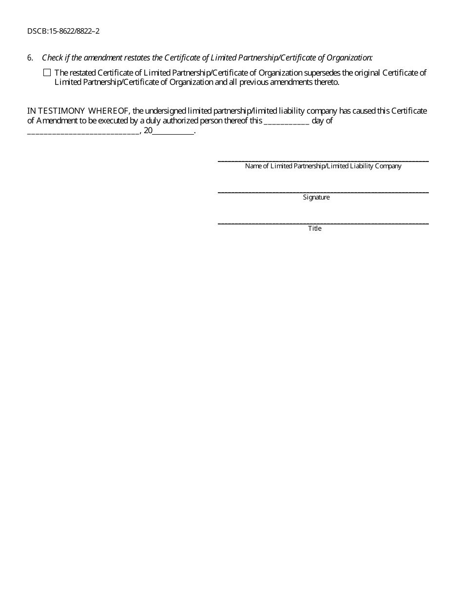 Form DSCB:15-8622 / 8822 (DSCB:15-8622 / 8822-2) Certificate of Amendment - Pennsylvania, Page 2