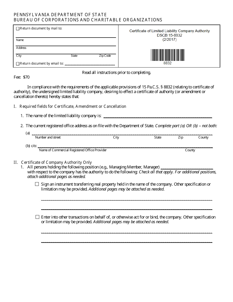 Form DSCB:15-8832 Certificate of Authority / Amendment / Cancellation - Pennsylvania, Page 1