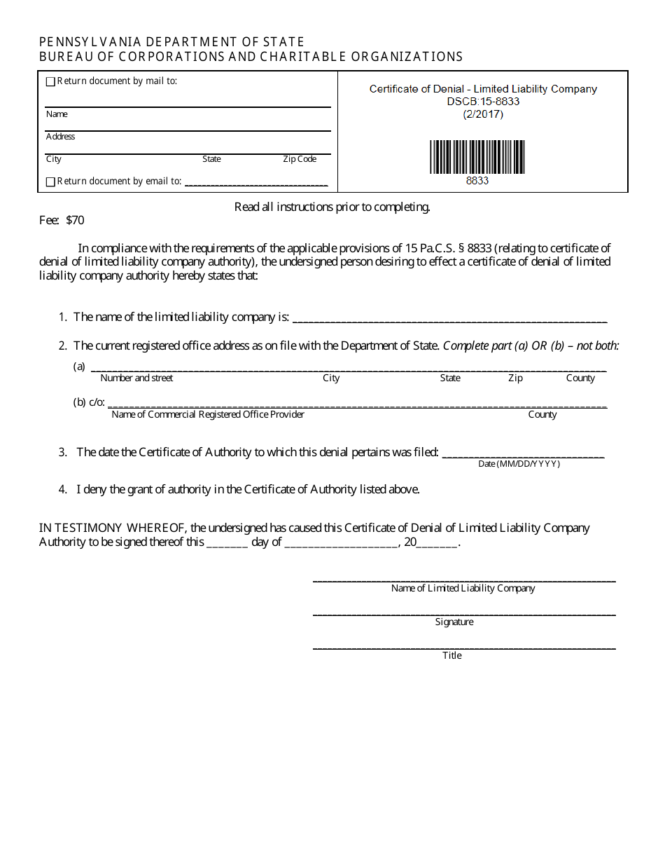 Form DSCB:15-8833 Certificate of Denial - Limited Liability Company - Pennsylvania, Page 1