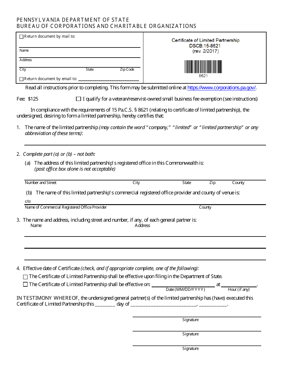 Form DSCB:15-8621 Certificate of Limited Partnership - Pennsylvania, Page 1