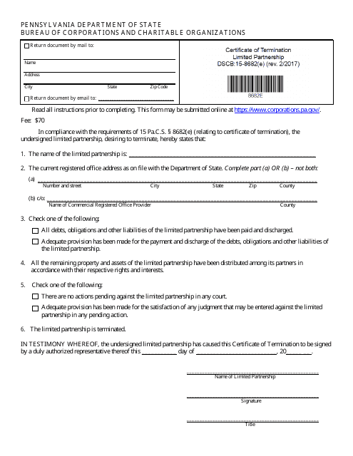 Form DSCB:15-8682(E) Certificate of Termination - Limited Partnership - Pennsylvania
