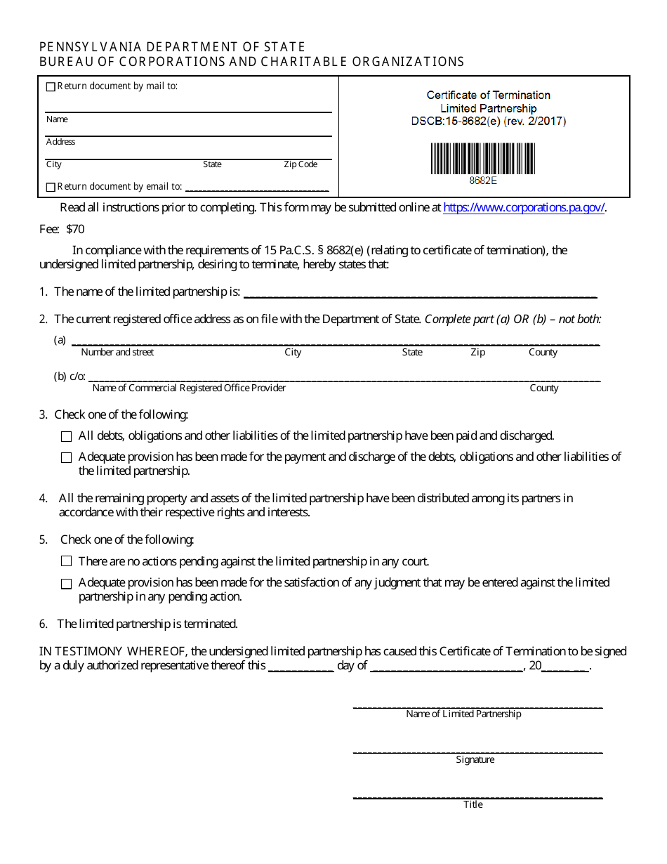 Form DSCB:15-8682(E) Certificate of Termination - Limited Partnership - Pennsylvania, Page 1