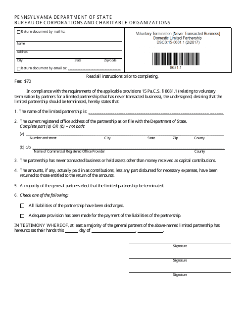 Form DSCB:15-8681.1 Voluntary Termination (Never Transacted Business) Domestic Limited Parthership - Pennsylvania