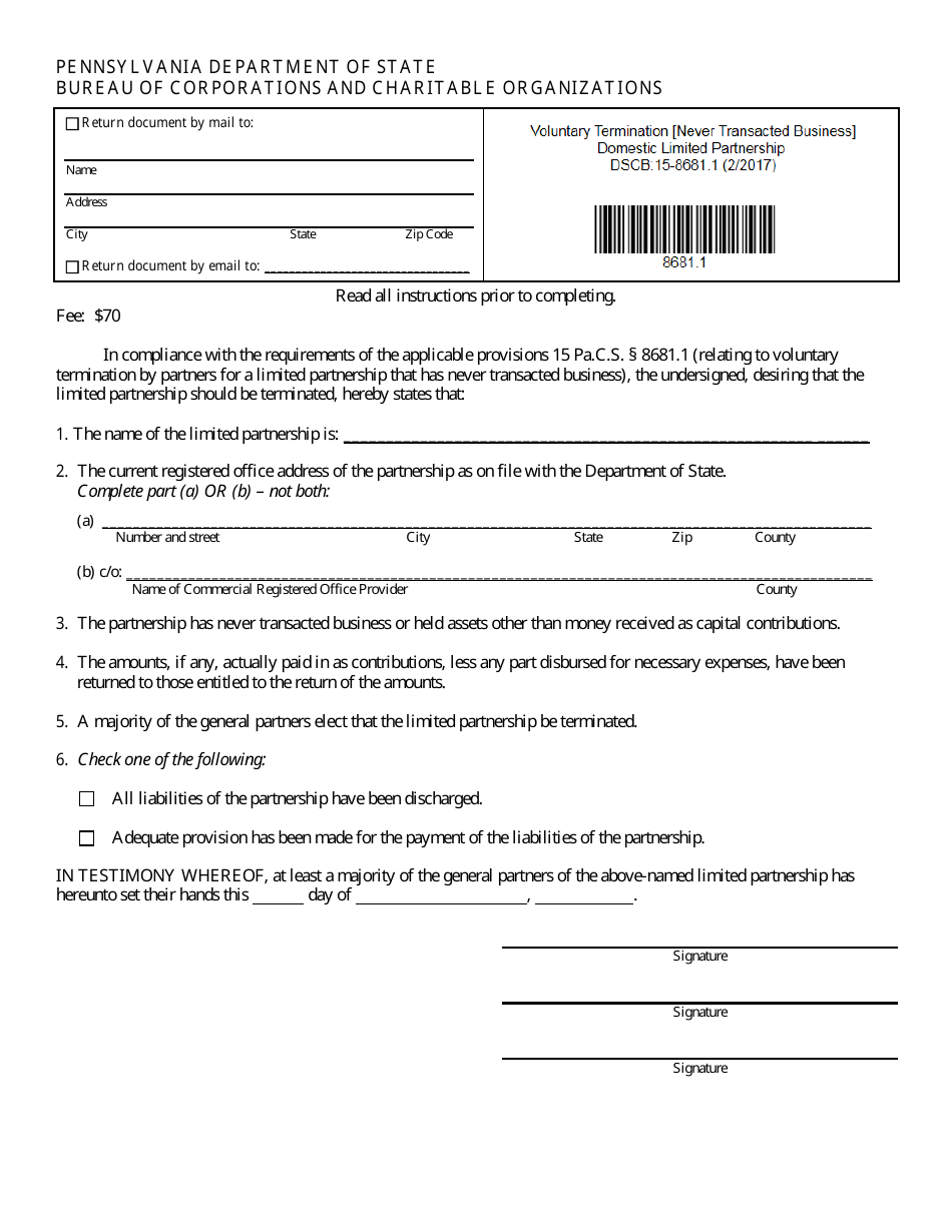 Form DSCB:15-8681.1 Voluntary Termination (Never Transacted Business) Domestic Limited Parthership - Pennsylvania, Page 1