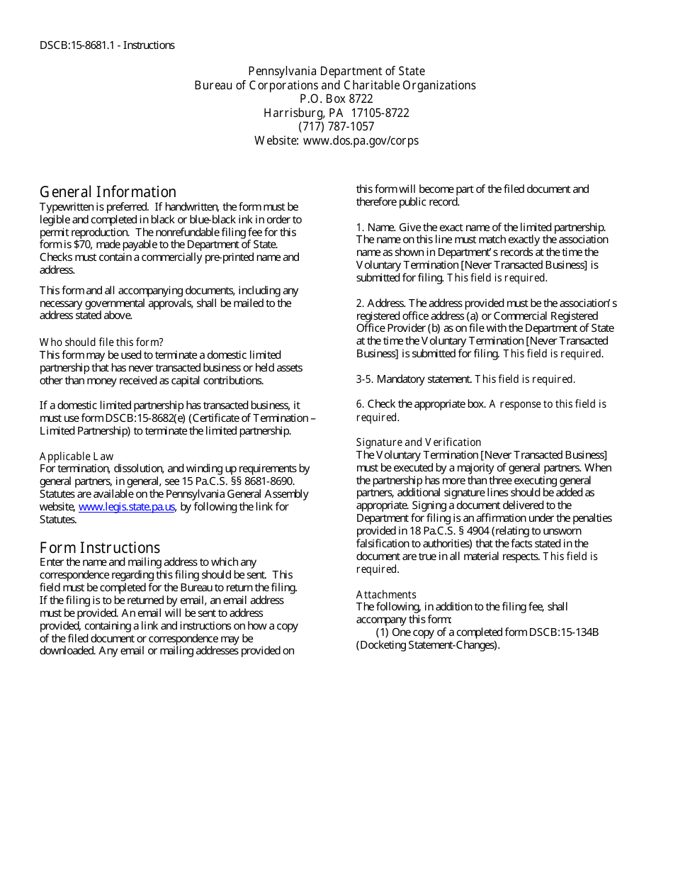 Form DSCB:15-8681.1 Voluntary Termination (Never Transacted Business) Domestic Limited Parthership - Pennsylvania, Page 2