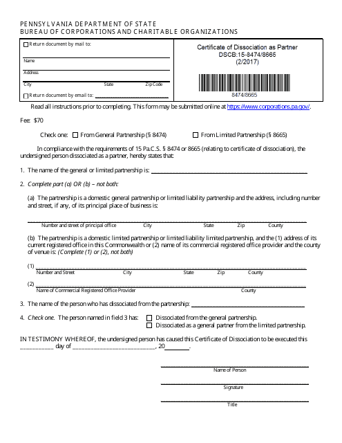 Form DSCB:15-8474/8665 Certificate of Dissociation as a Partner - Pennsylvania