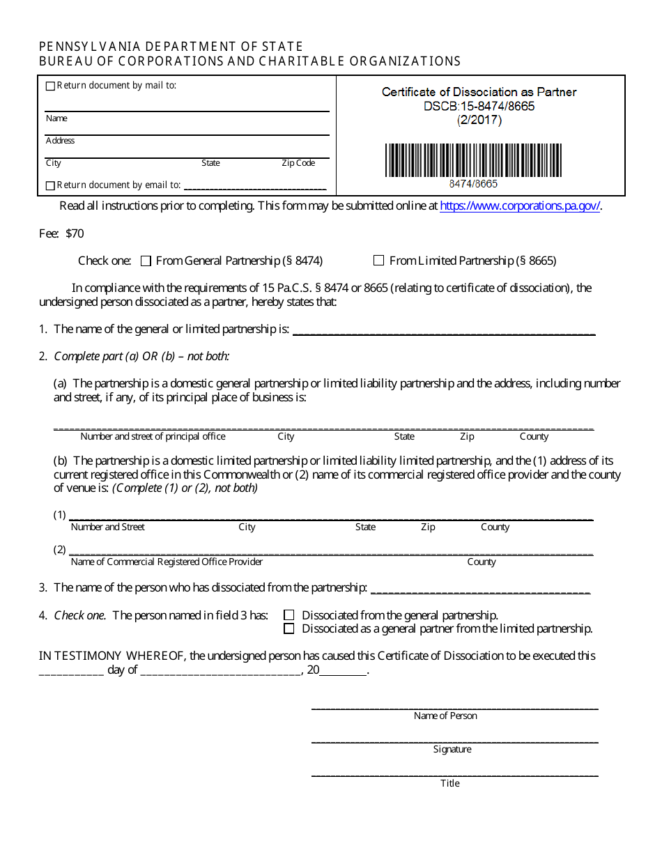 Form DSCB:15-8474 / 8665 Certificate of Dissociation as a Partner - Pennsylvania, Page 1