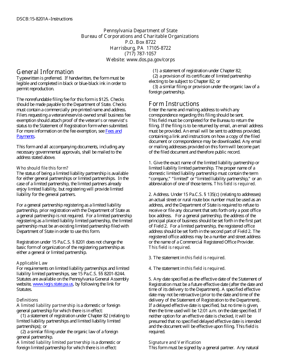 Form DSCB:15-8201A Statement of Registration - Domestic Registered Limited Liability Partnership - Pennsylvania, Page 2