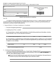 Document preview: Form DSCB:15-8433 Certificate of Partnership Authority/Amendment/Cancellation - Pennsylvania