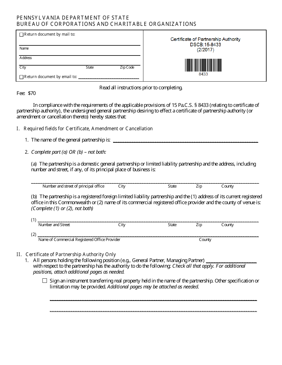 Form DSCB:15-8433 Certificate of Partnership Authority / Amendment / Cancellation - Pennsylvania, Page 1
