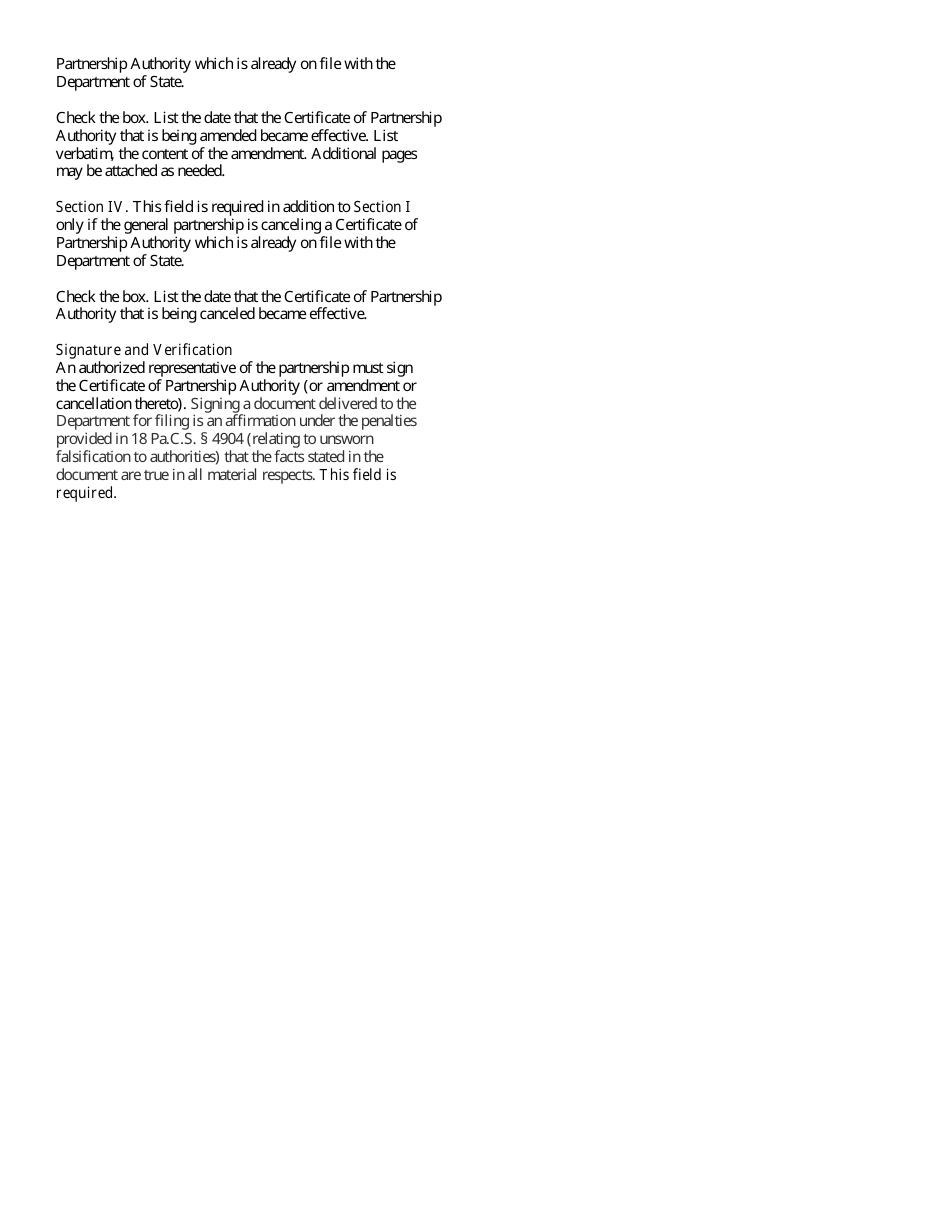 Form DSCB:15-8433 Certificate of Partnership Authority / Amendment / Cancellation - Pennsylvania, Page 4