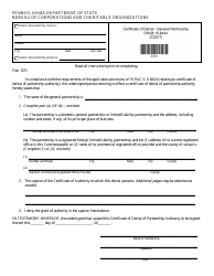 Form DSCB:15-8434 &quot;Certificate of Denial of Partnership Authority&quot; - Pennsylvania