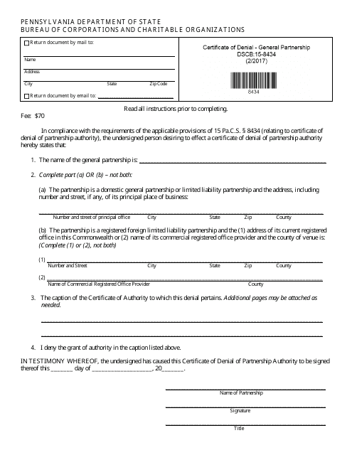 Form DSCB:15-8434 Certificate of Denial of Partnership Authority - Pennsylvania