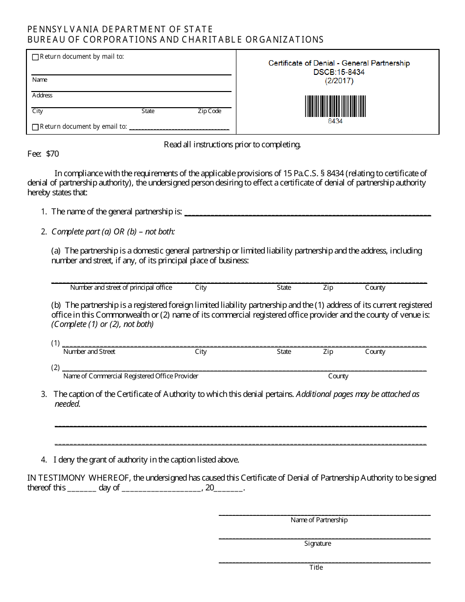 Form DSCB:15-8434 Certificate of Denial of Partnership Authority - Pennsylvania, Page 1