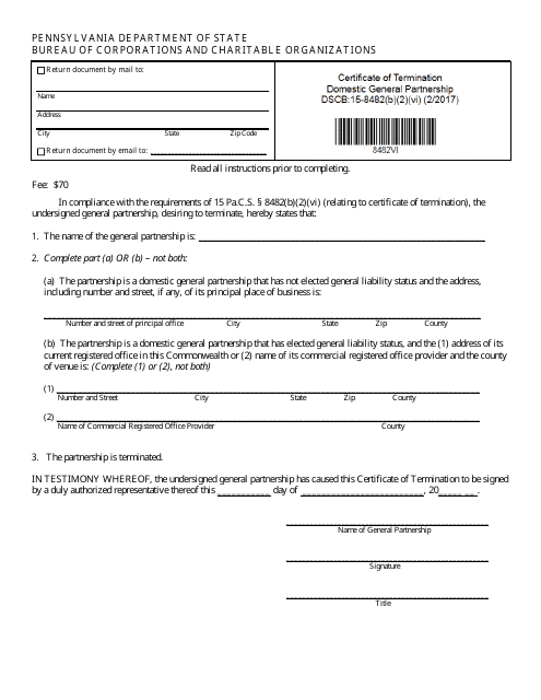 Form DSCB:15-8482(B)(2)(VI) Certificate of Termination General Partnership - Pennsylvania