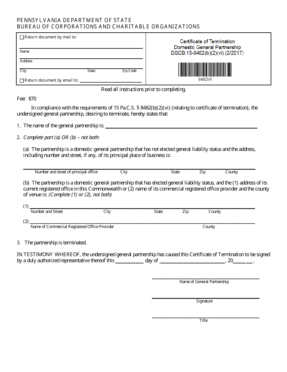Form DSCB:15-8482(B)(2)(VI) Certificate of Termination General Partnership - Pennsylvania, Page 1