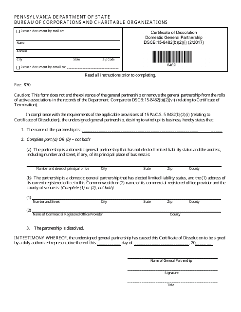 Form DSCB:15-8482(B)(2)(I) Certificate of Dissolution General Partnership - Pennsylvania