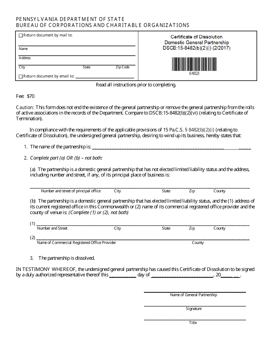 Form DSCB:15-8482(B)(2)(I) Certificate of Dissolution General Partnership - Pennsylvania, Page 1