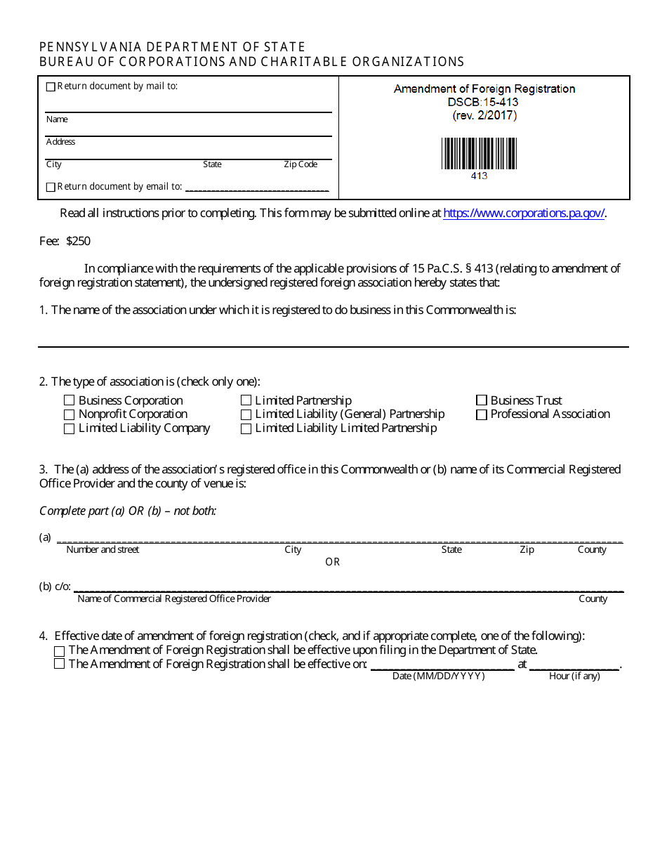 Form DSCB:15-413 Amendment of Foreign Registration - Pennsylvania, Page 1