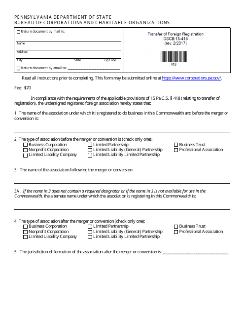 Form DSCB:15-418  Printable Pdf