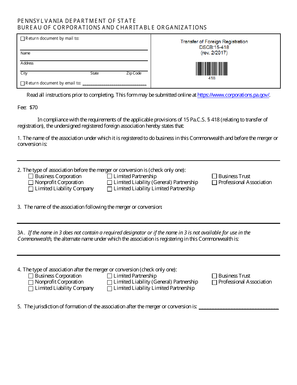 Form DSCB:15-418 Transfer of Foreign Registration - Pennsylvania, Page 1