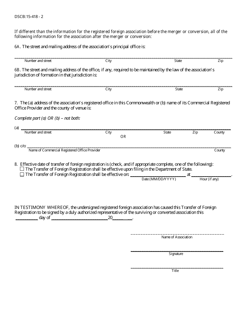 Form DSCB:15-418 Transfer of Foreign Registration - Pennsylvania, Page 2