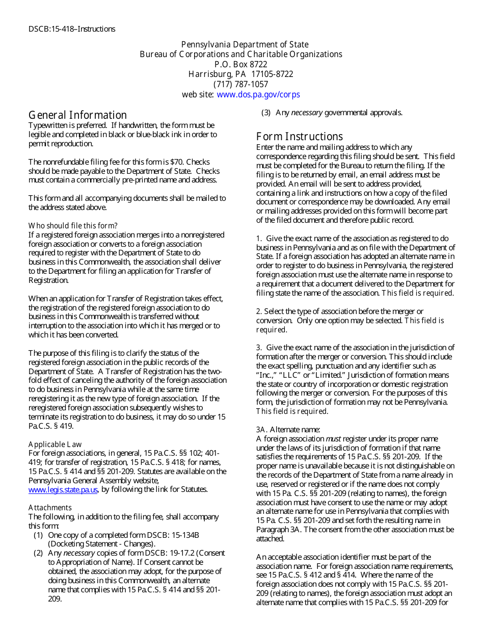 Form DSCB:15-418 Transfer of Foreign Registration - Pennsylvania, Page 3