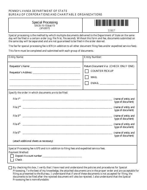 Form DSCB:15-153(A)(17) Special Processing - Pennsylvania