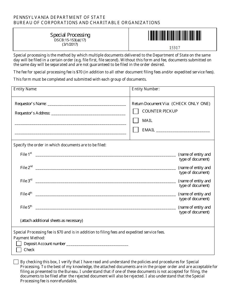 Form DSCB:15-153(A)(17) Special Processing - Pennsylvania, Page 1