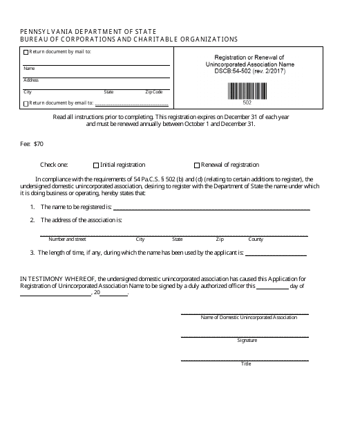 Form DSCB:54-502 Registration of Renewal of Unincorporated Association Name - Pennsylvania