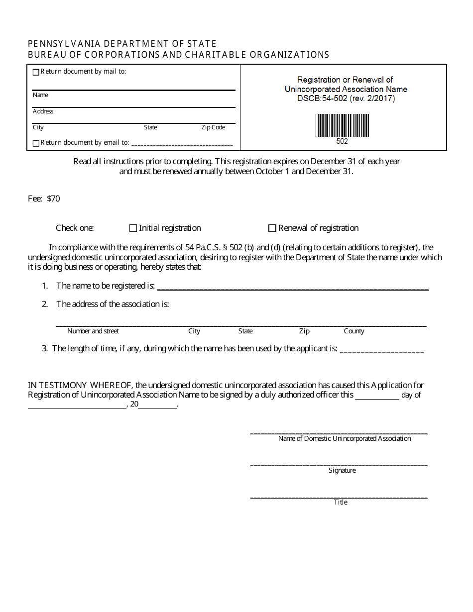 Form DSCB:54-502 Registration of Renewal of Unincorporated Association Name - Pennsylvania, Page 1