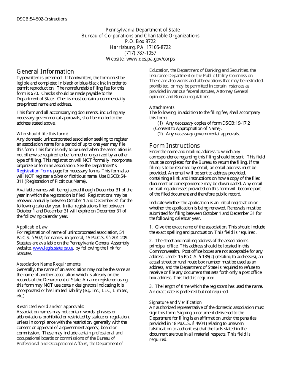 Form DSCB:54-502 Registration of Renewal of Unincorporated Association Name - Pennsylvania, Page 2
