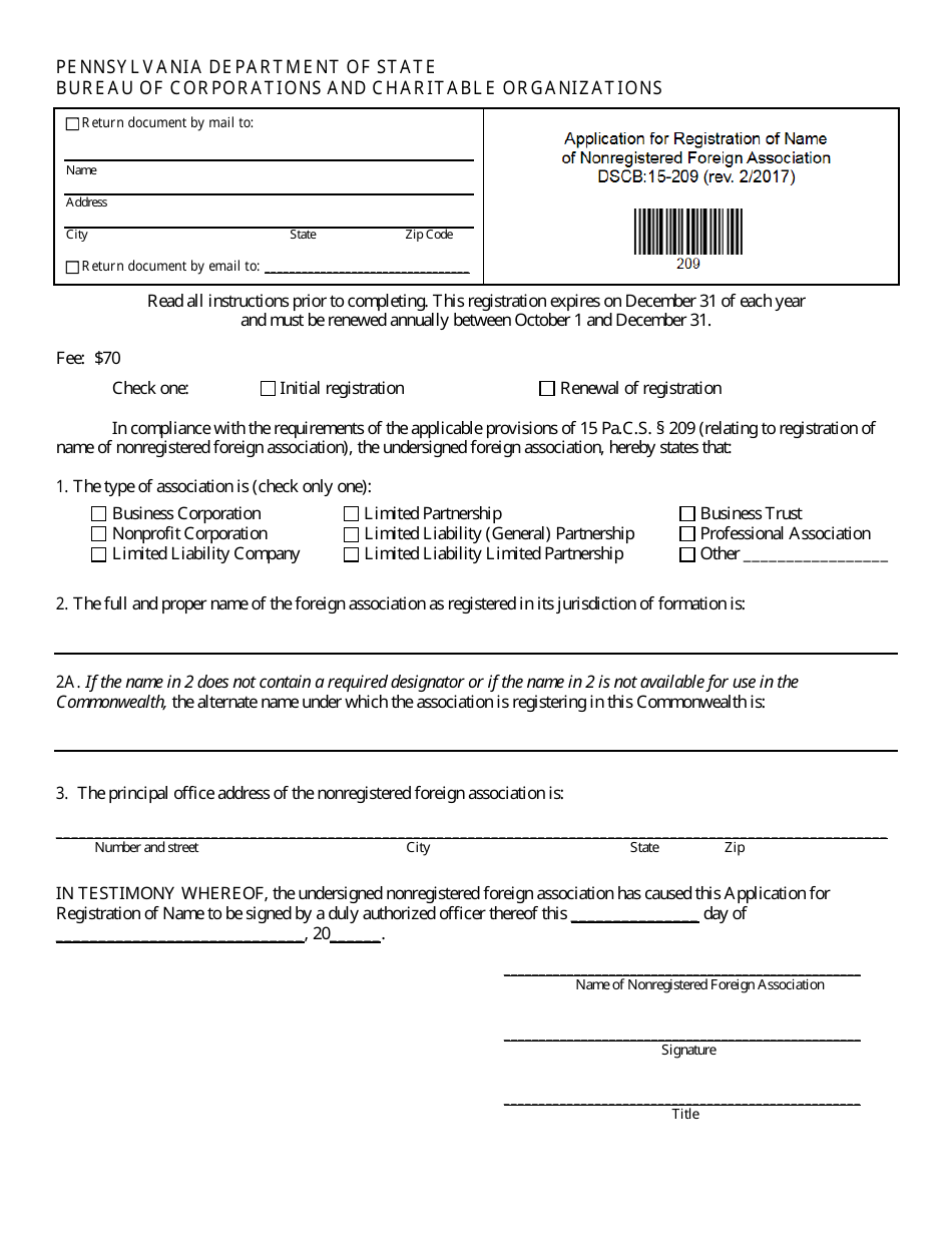 Form DSCB:15-209 Application for Registration of Name of Nonregistered Foreign Association - Pennsylvania, Page 1