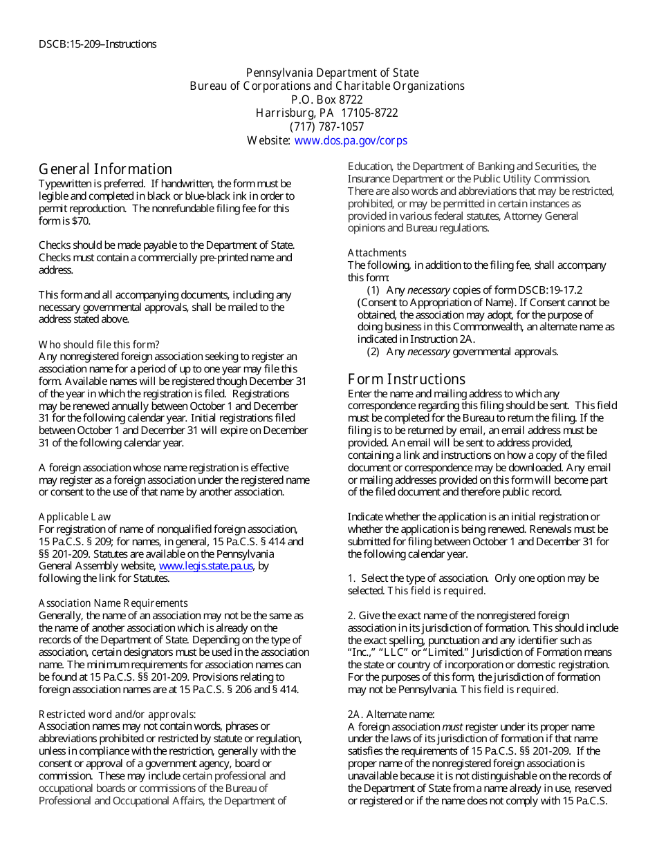 Form DSCB:15-209 Application for Registration of Name of Nonregistered Foreign Association - Pennsylvania, Page 2