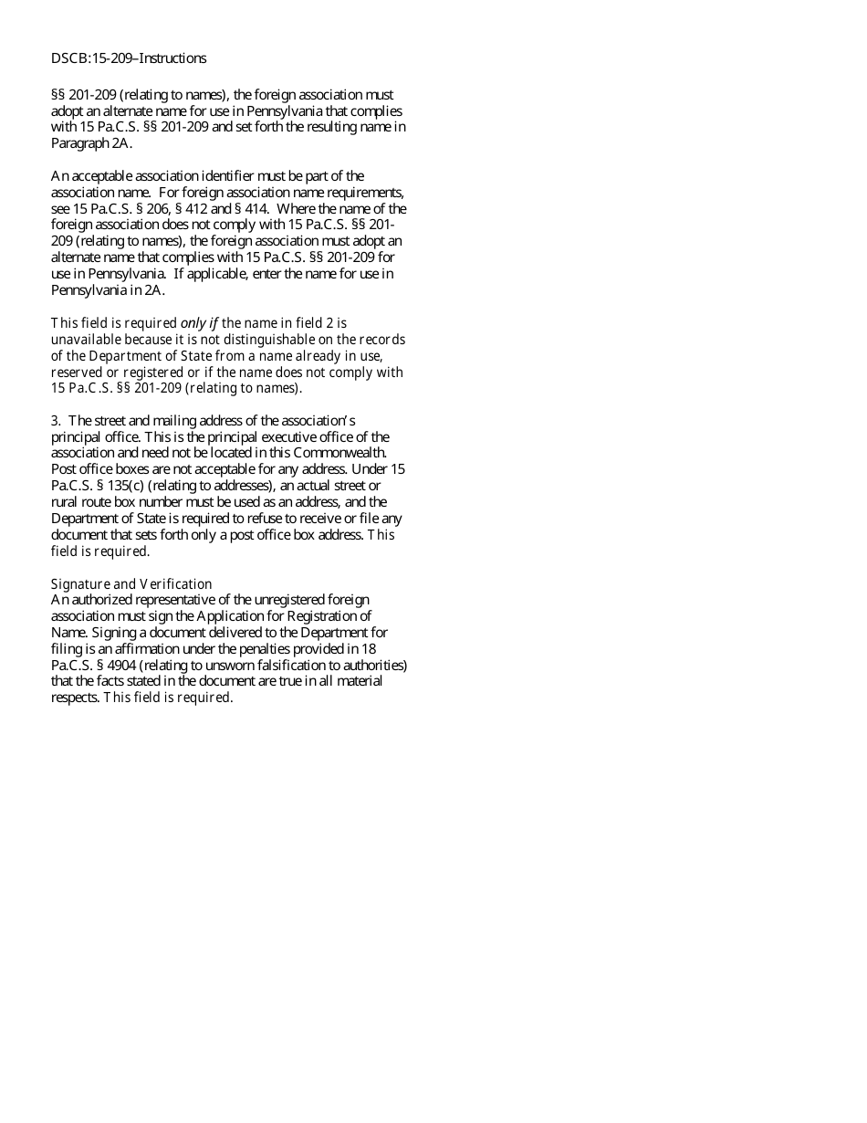 Form DSCB:15-209 Application for Registration of Name of Nonregistered Foreign Association - Pennsylvania, Page 3