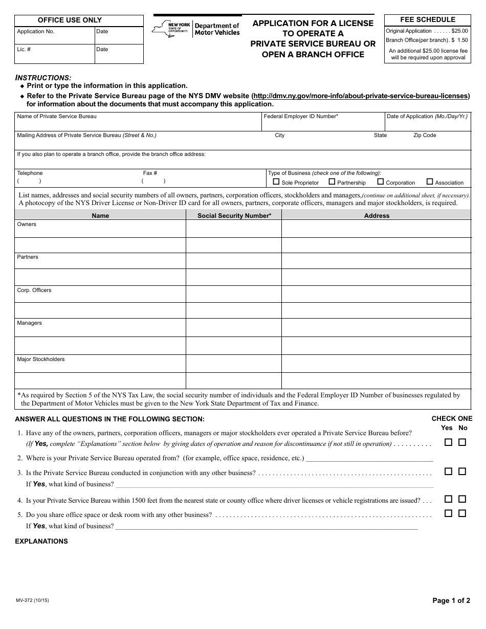 Form MV-372 Application for a License to Operate a Private Service Bureau or Open a Branch Office - New York, Page 1