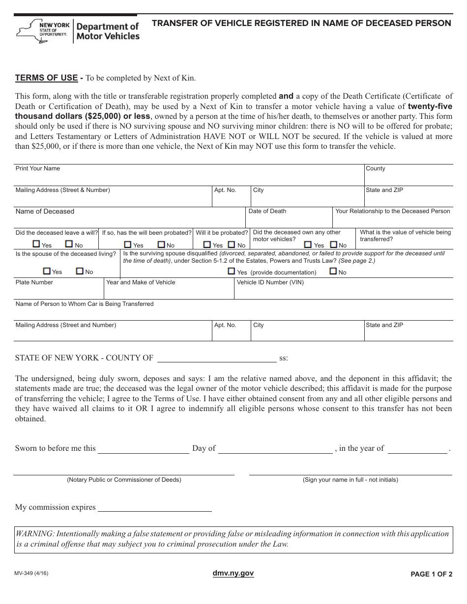 Form MV-349 - Fill Out, Sign Online and Download Fillable PDF, New York ...