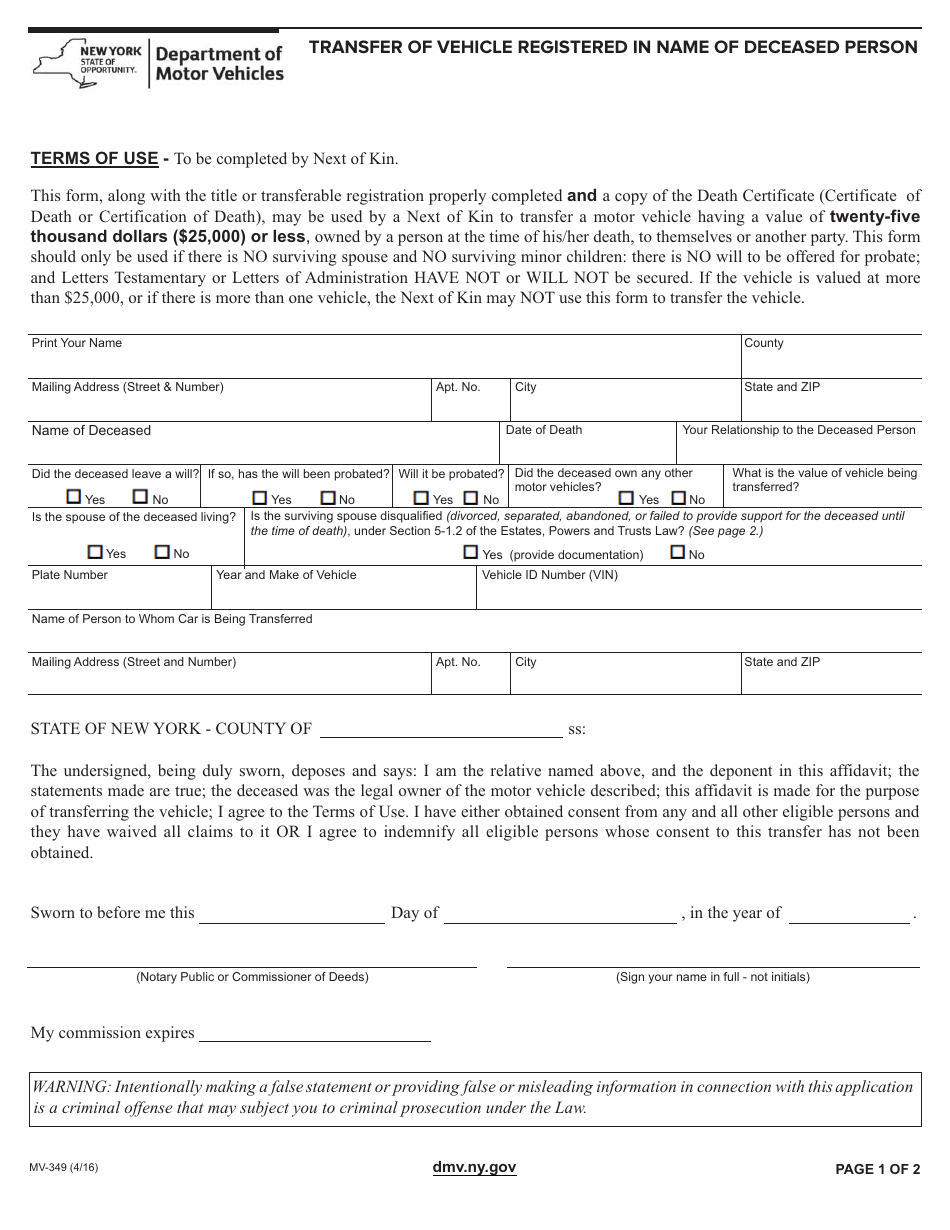 Form MV-349 Transfer of Vehicle Registered in Name of Deceased Person - New York, Page 1