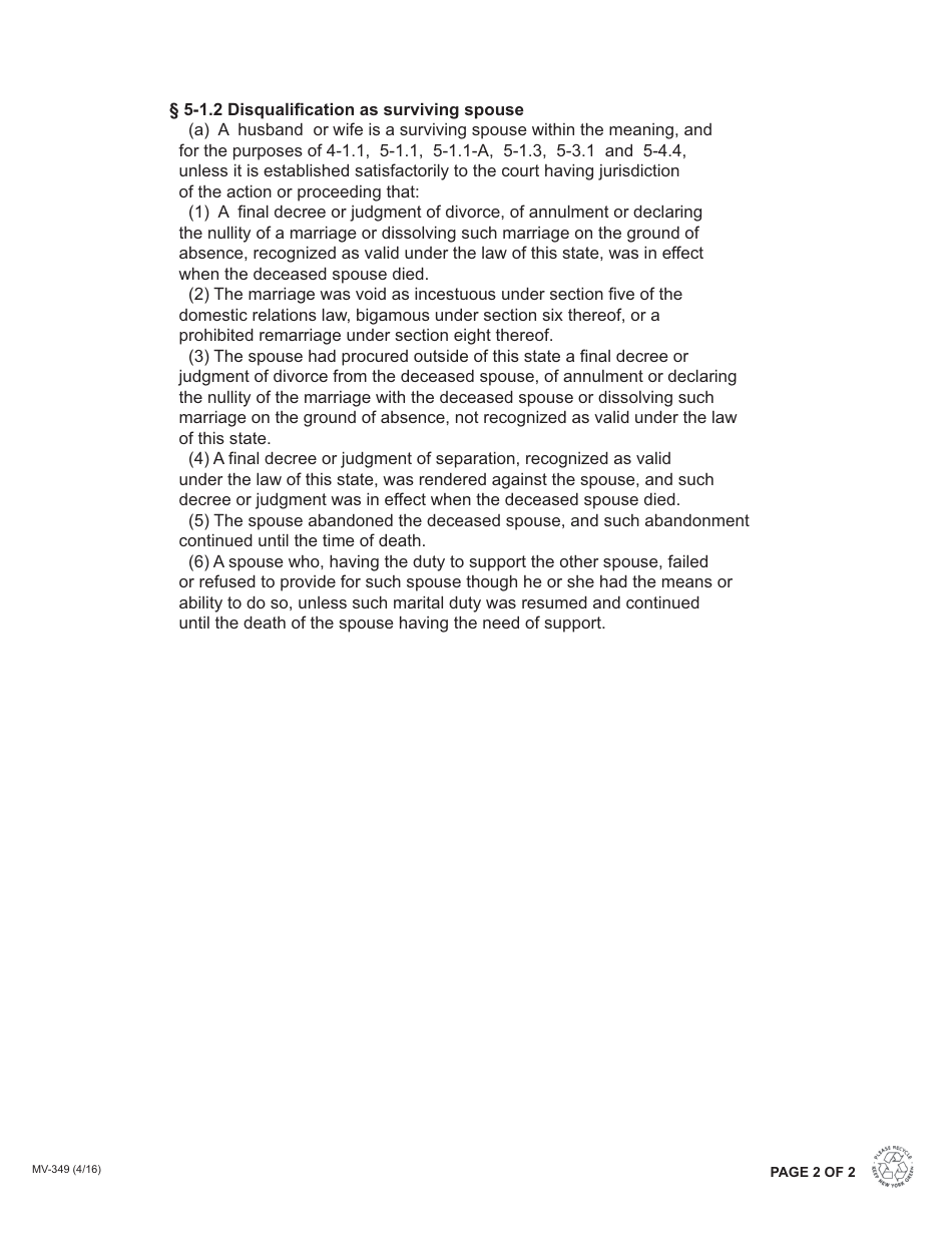 Form MV-349 Transfer of Vehicle Registered in Name of Deceased Person - New York, Page 2