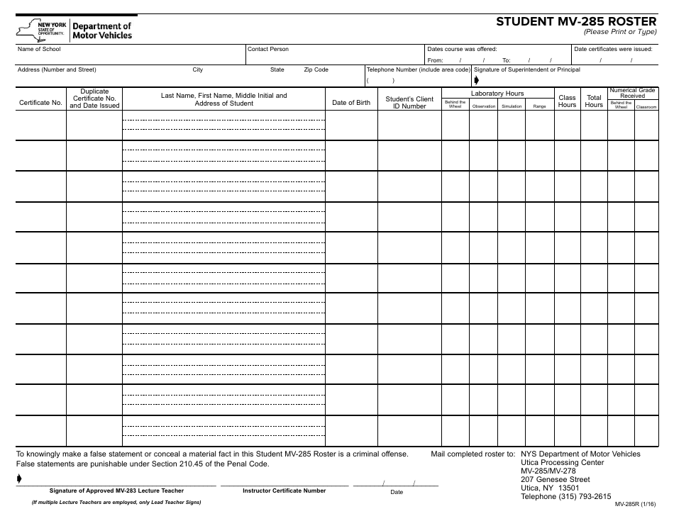 Form MV-285R Student Mv-285 Roster - New York, Page 1