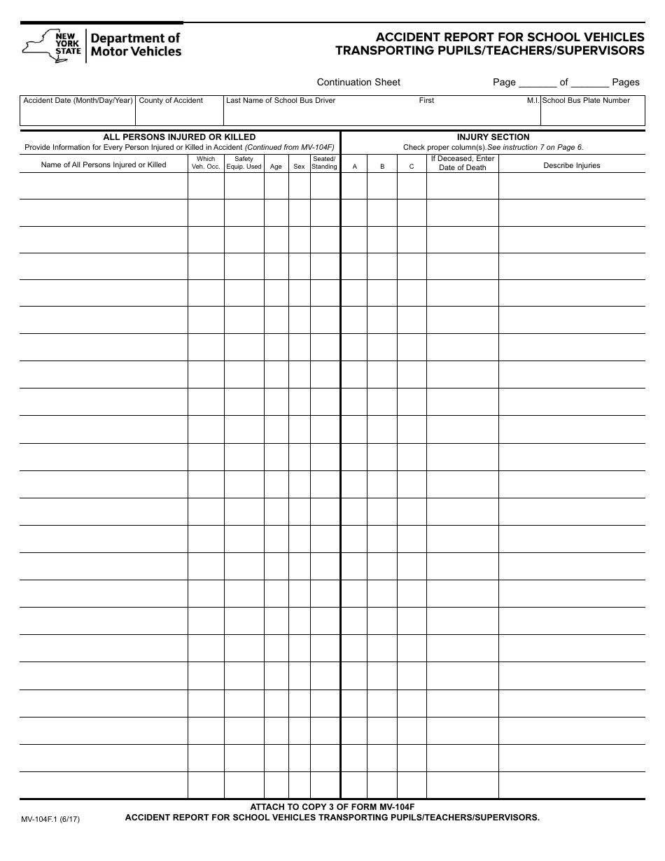 Form MV-104F.1 Accident Report for School Vehicles Transporting Pupils / Teachers / Supervisors - New York, Page 3