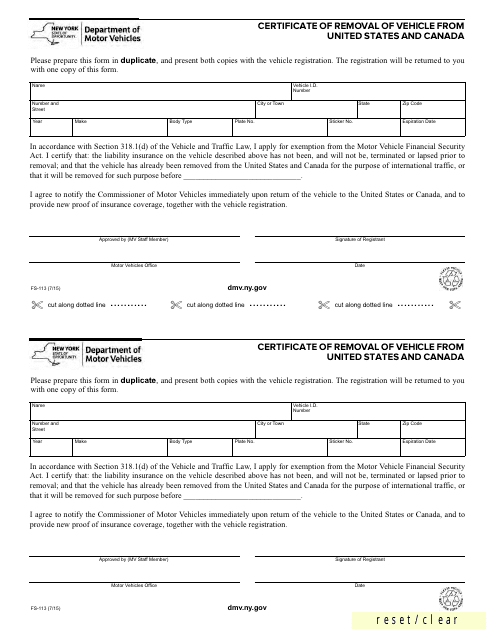 Form FS-113 Certificate of Removal of Vehicle From United States and Canada - New York