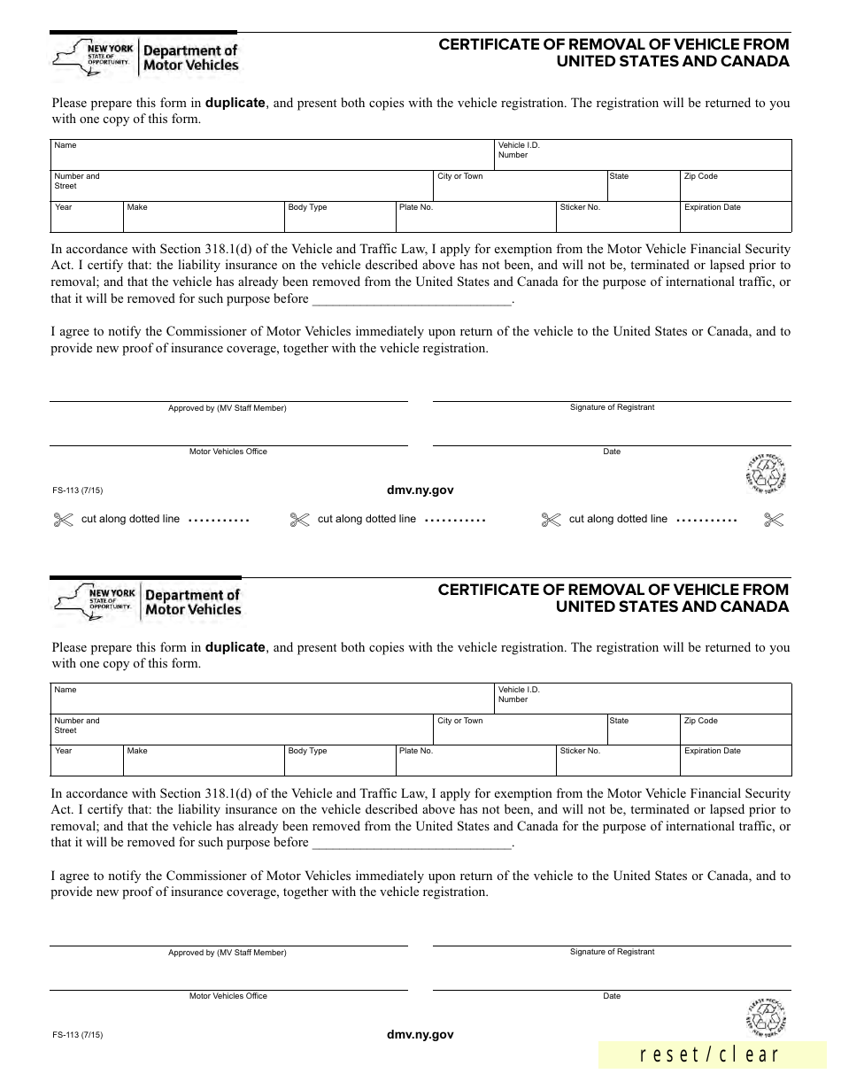 Form FS-113 Certificate of Removal of Vehicle From United States and Canada - New York, Page 1