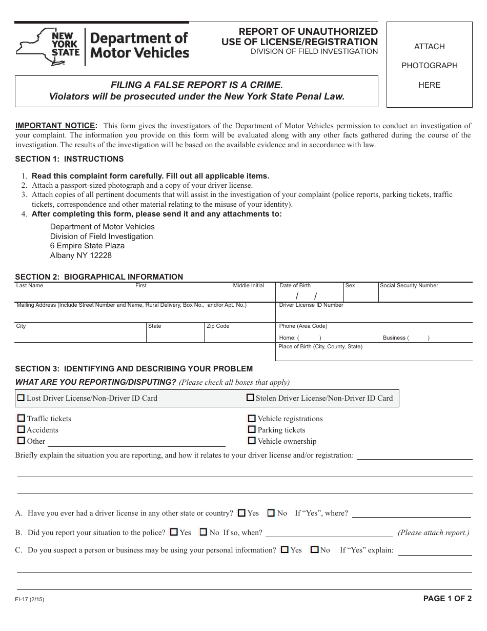 Form FI-17 Report of Unauthorized Use of License / Registration - New York, Page 2