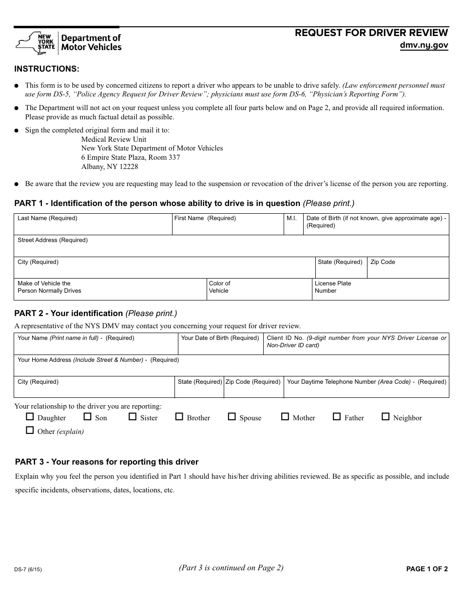 Form DS-7 Request for Driver Review - New York, Page 1