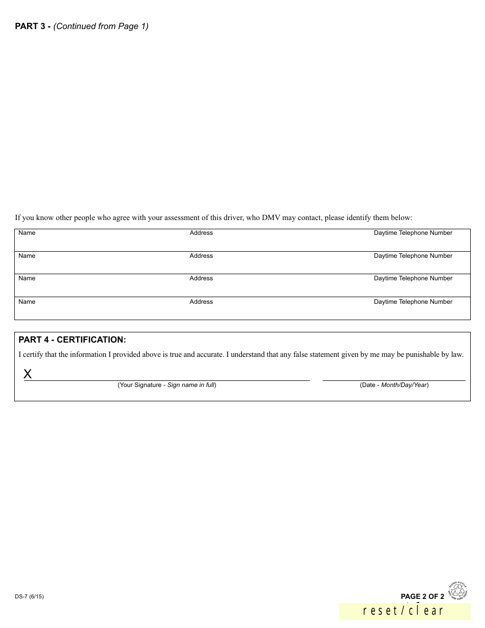 Form DS-7 Request for Driver Review - New York, Page 2