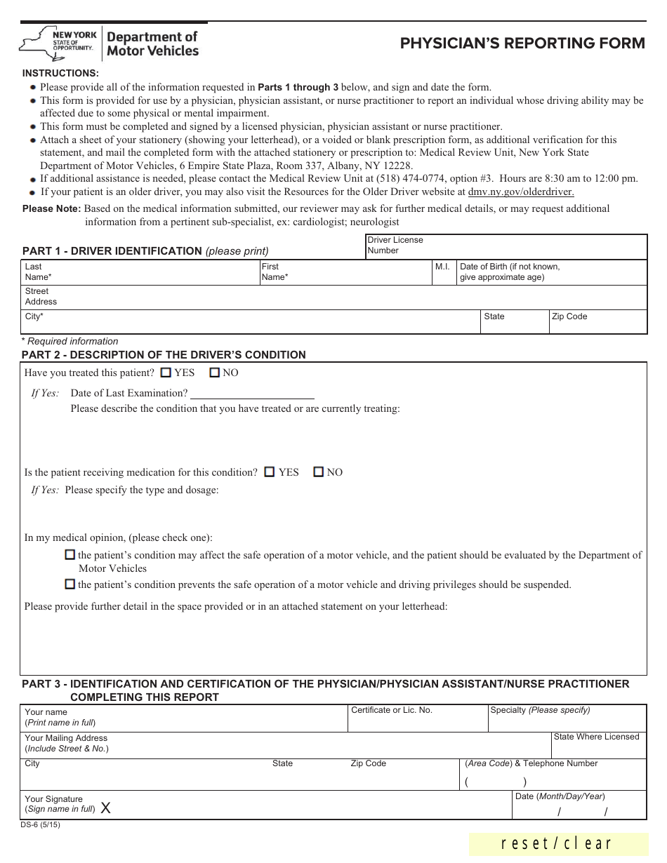 Form DS-6 Physicians Reporting Form - New York, Page 1