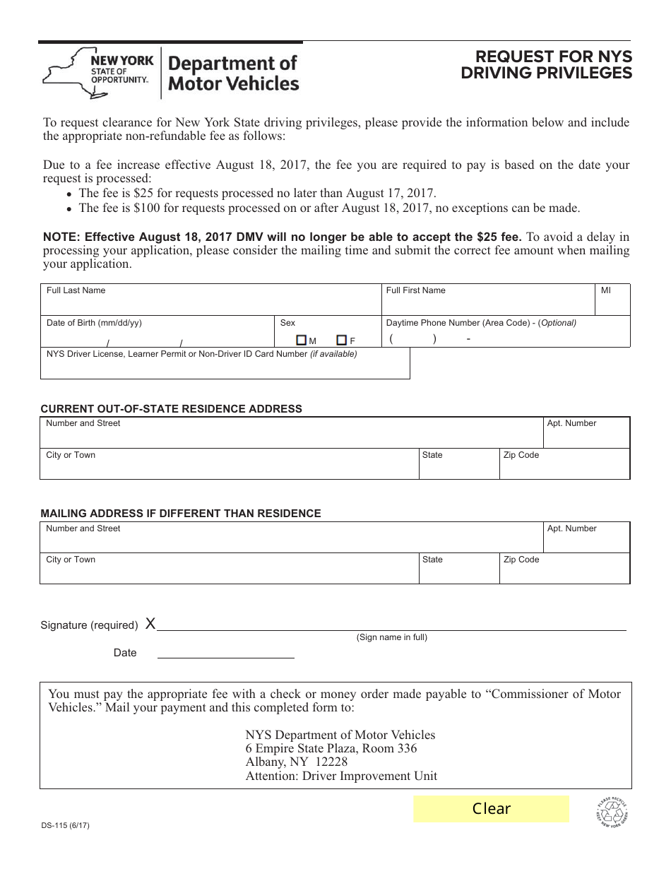 Form DS-115 Request for NYS Driving Privileges - New York, Page 1